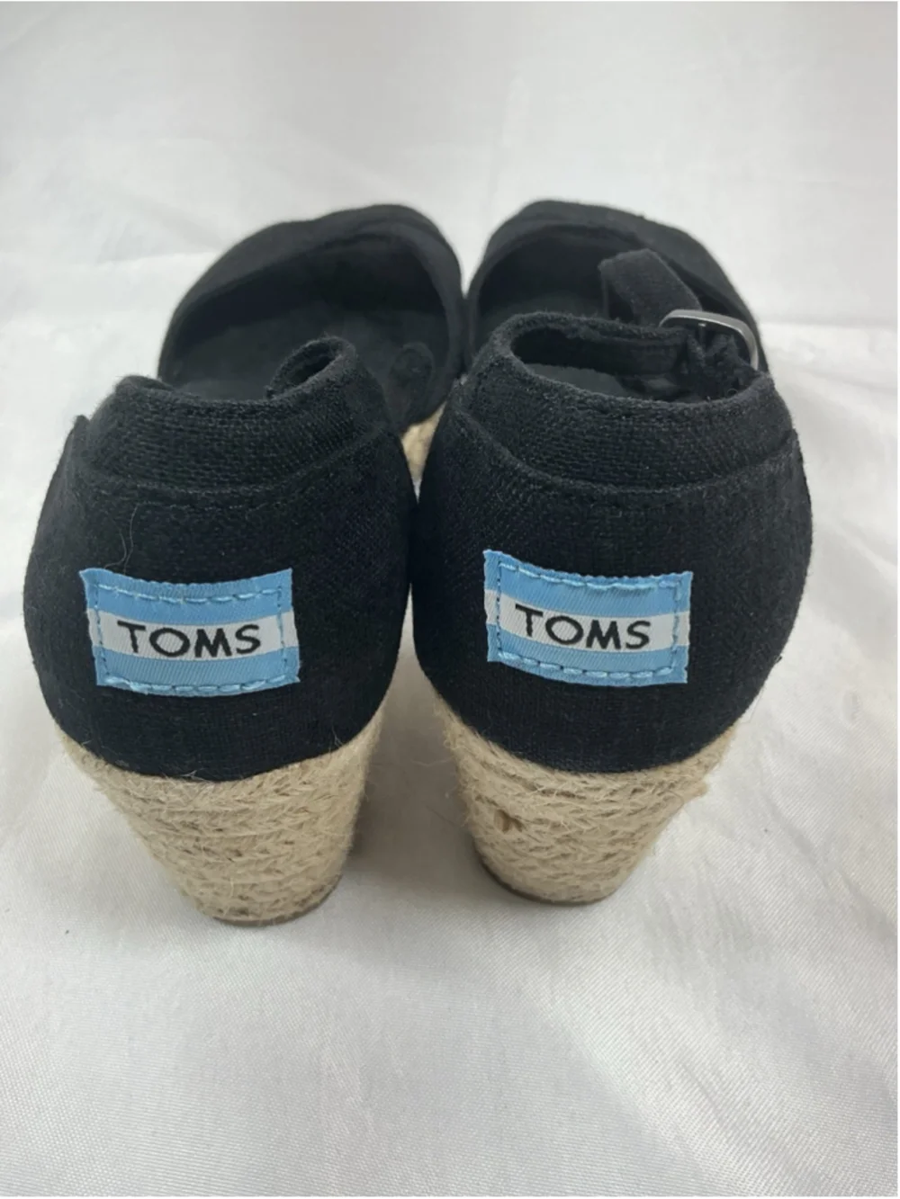 Womans Tom’s Espadrille Wedge Sandals Size 8.5 W Black Peep Toe